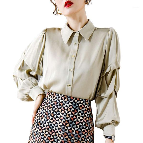 

100% heavy silk satin women's runway shirts turn down collar long sleeves ruffles elegant fashion casual blouse camisas1, White