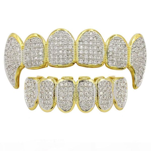 

new shining hip hop grillz iced out cz fang mouth teeth grillz caps & bottom grill set men women vampire grills, Black