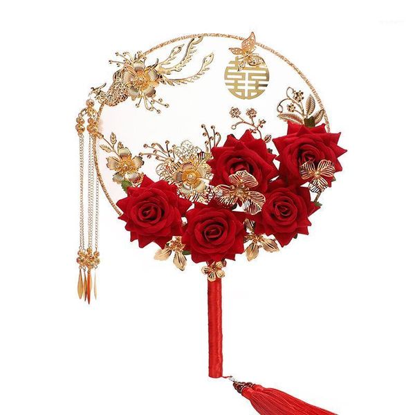 

party favor chinese traditional bride tassel fan vintage round hand-held rose flower wedding pography props1