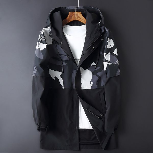 

add enlarge spring and autumn hooded medium length coat large men's fashion fat camouflage windbreaker contrast, Tan;black
