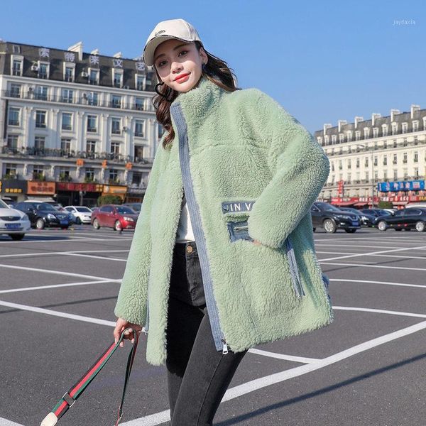 

2020 korean version sheep sheared fur coat with color-matched granular wool overcoat thick warm wool jacket women winter outwear1, Black