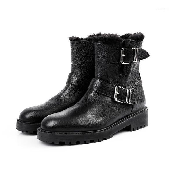 

boots 2021 winter women's plus velvet short ankle female side zipper leather high shoes round hea1, Black