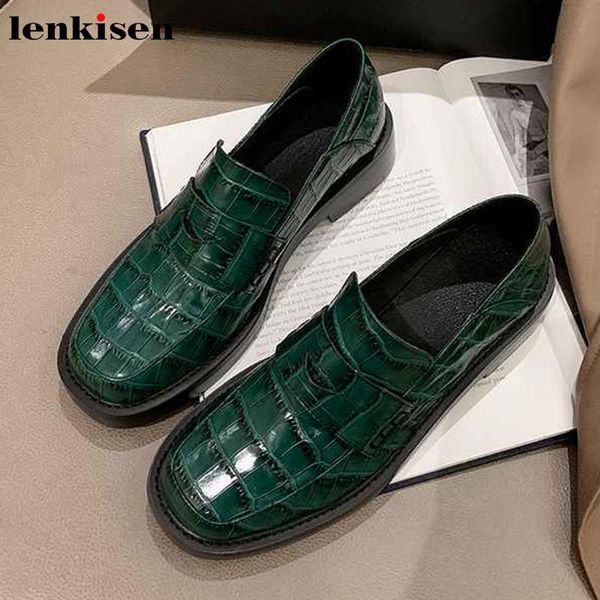 

lenkisen internet star genuine leather print slip on loafers shoes round toe med heels daily wear women leisure punk pumps l52, Black