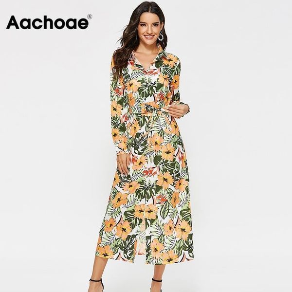 

aachoae dress women vintage floral print casual turn down collar shirt dress long sleeve sashes office dresses autumn long dress y200805, Black;pink