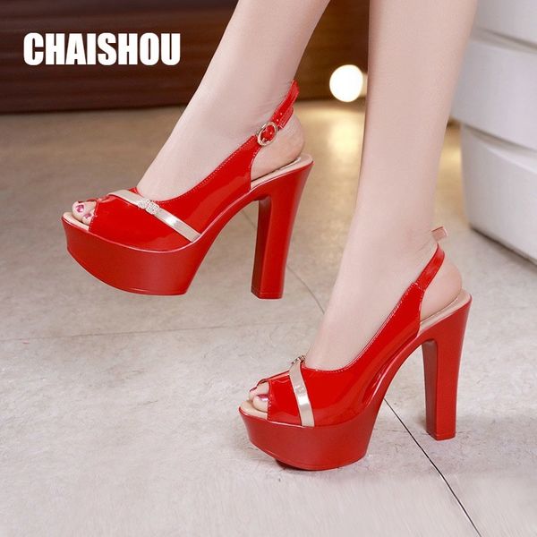 

shoes women sandals summer patent leather 13cm super high heel fish mouth toe party wedding shoes sandalias mujer cs-465 y200405, Black