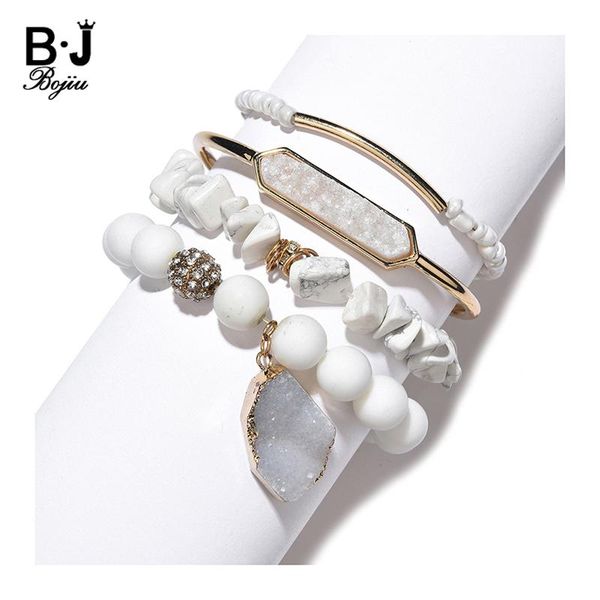 

natural stone beads bracelets set for women 2021 howlite crystal quartz druzy charm bracelet open cuff bangles jewelry bcset303, Golden;silver