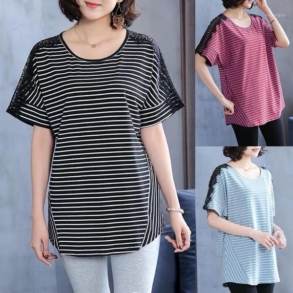 

plus size women tshirt horizontal striped lace patchwork long sleeve o neck t shirt for women bottoming tees femme t-shirts1, White