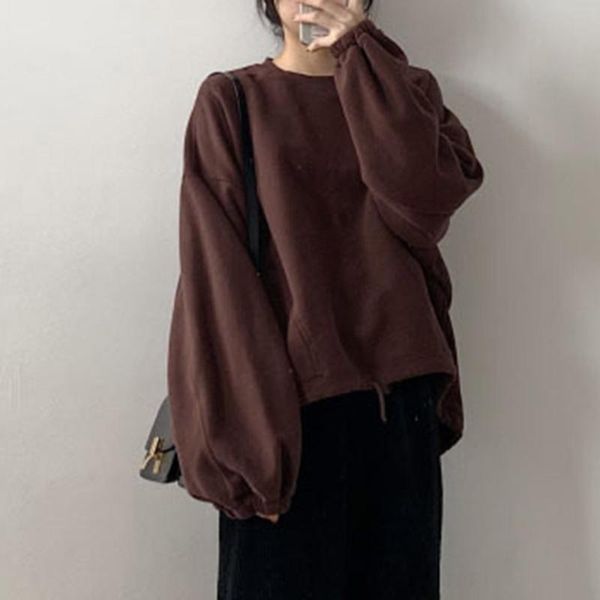

autumn winter thicken hoodie casual warm hem drawstring college style casual loose all-match oversized sweatshirt hoodie, Black