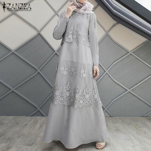 

zanzea elegant women muslim lace crochet maxi dress autumn long sleeve patchwork sundress kaftan abaya turkey hijab dress caftan, Black;gray