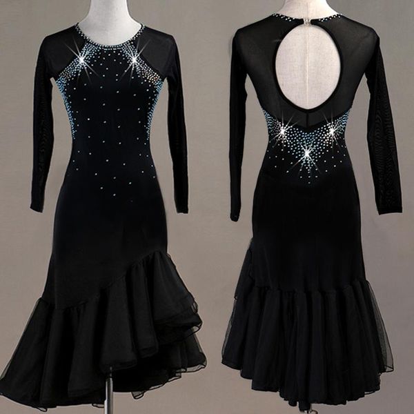 

stage wear latin dance dress for women shiny long sleeve black lace salsa professional competitive vdb127, Black;red