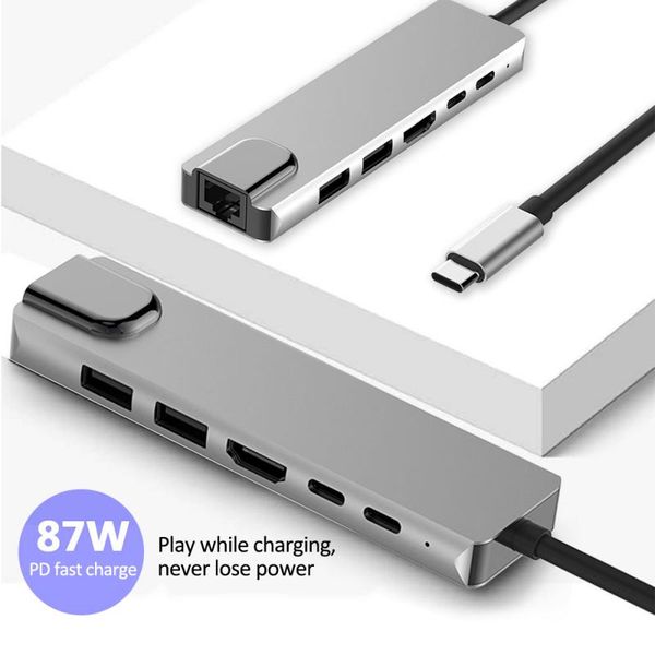 Docking station USB 6 in 1 Adattatore multiporta da tipo C a HDTV con RJ45 Ethernet PD Splitter per porte di ricarica per PC Macbook Laptop Tablet HTC Samsung S9/S8/S10 Type-C HUB