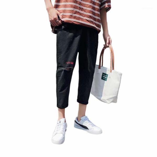 

teenagers spring summer 2020 fashion trend hole print students pants male korean harem loose student wild casual denim jeans1, Blue