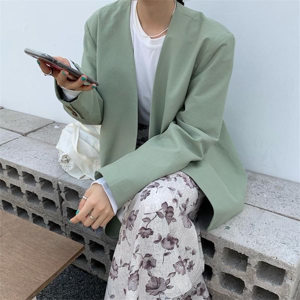 

women's suits & blazers korean style fashion single breasted long sleeve blazer women vintage temperament green black v neck jacket aut, White;black