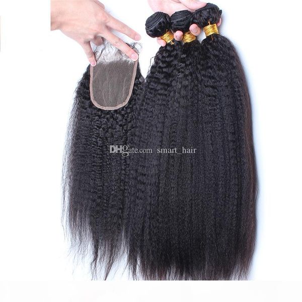 

9a grade mongolian afro kinky straight hair with closure 4pcs lot italian coarse yaki lace closure pieces 4x4 with hair bundles, Black