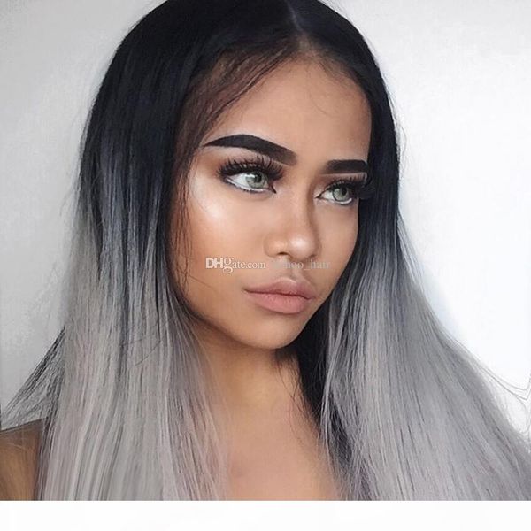 

peruvian #1b grey two tone glueless full lace human hair wigs ombre 1b grey lace front wigs bleached knots, Black;brown