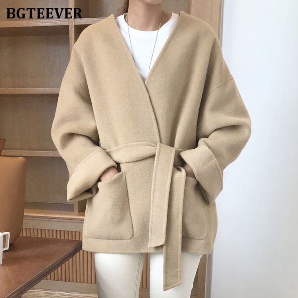 

bgteever chic v-neck loose female outwear jackets 2020 autumn winter blend long sleeve pockets lace-up women woolen coats, Tan;black