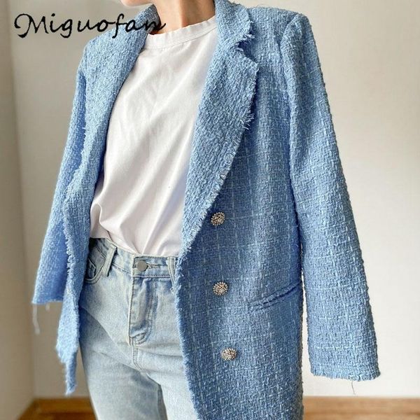 

onoti vintage frayed trims tweed coat women blazers winter coat lapel long sleeve double breasted female outerwear chic, White;black