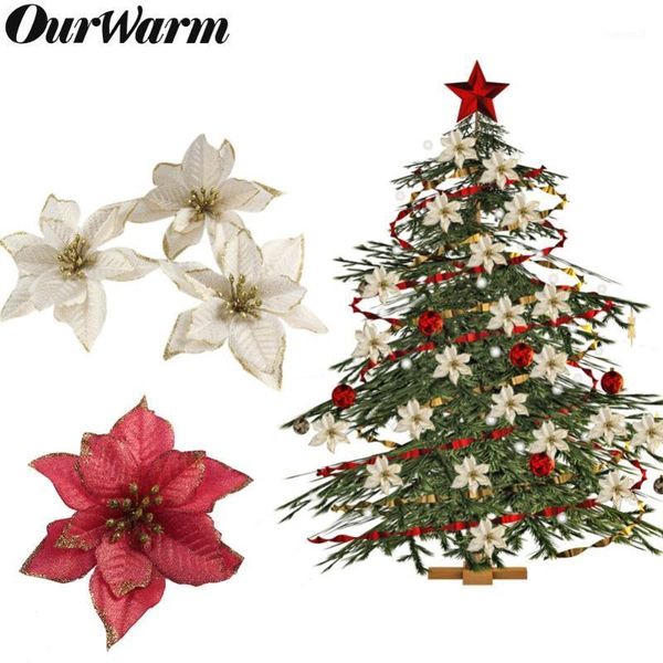 

ourwarm 10pcs glitter artificial christmas flowers 15cm red and gold christmas tree pendant ornament new year decor for home1
