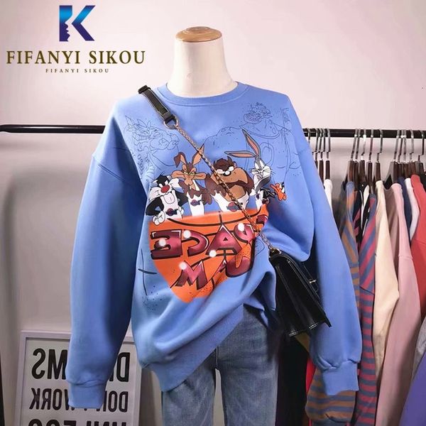

2020 spring women hoodies cartoon print funny sweatshirt o-neck long sleeve pullover female loose plus size sweatshirts, Black