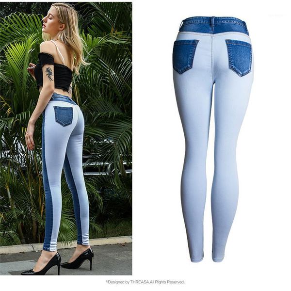 

plus size denim super skinny jeans woman push up 2020 pencil joining together contrast color ladies jeans women pants 00331, Blue