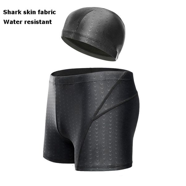 

men's quick dry swim wear shark skin fabric swimming trunks water resistant swim pants and cap