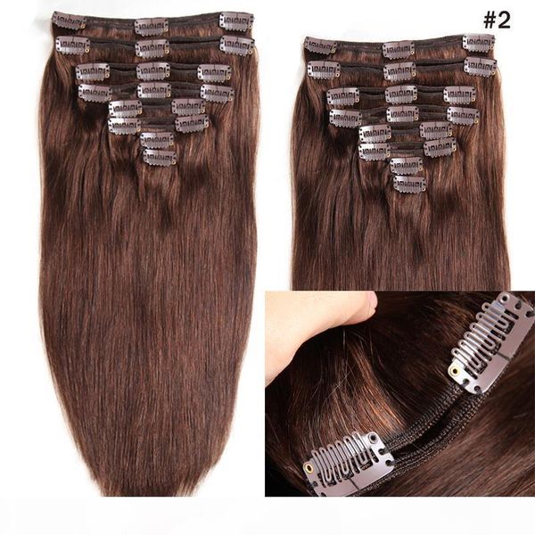 

#2 dark brown brazilian human hair clip in extensions 8pcs set 100g straight clip in remy hair extensions 4set lot wholesale, Black;brown