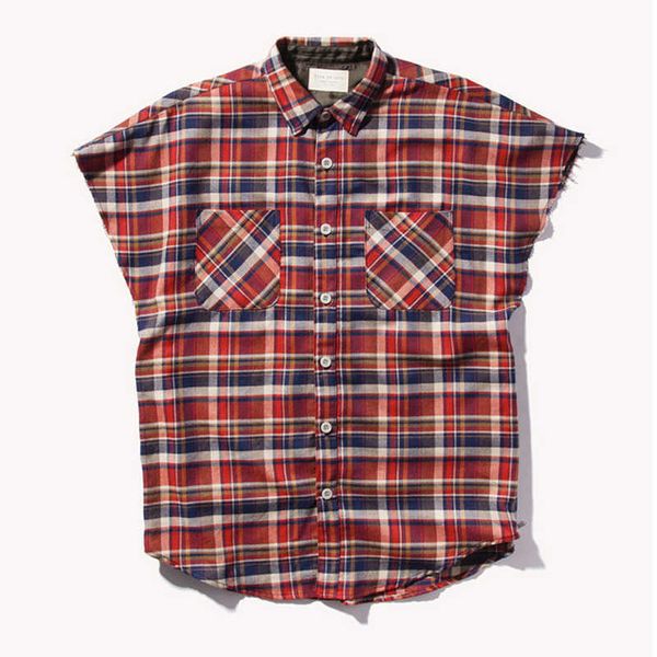 Camisas casuais masculinas 2021 Novas roupas de verão Ins High Street Clássico Vermelho Plaid Flannel Split Linha Principal Solta Camisa sem mangas