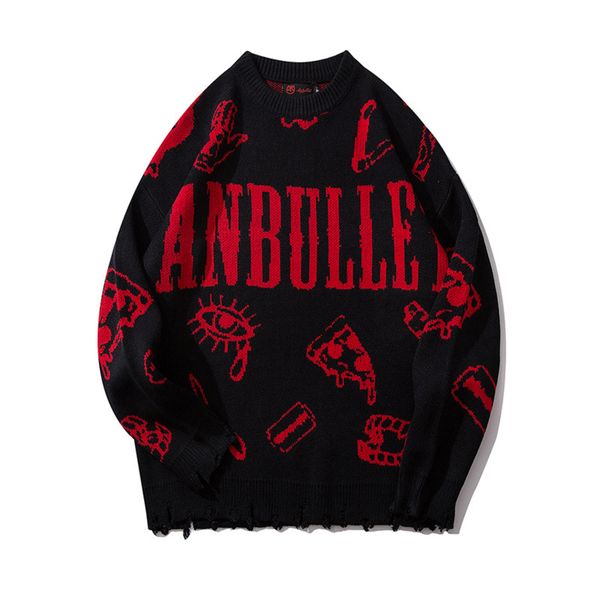 

Harajuku knitted hip hop printed street men's clothing, autumn and winter loose sweater, 2020, White;black