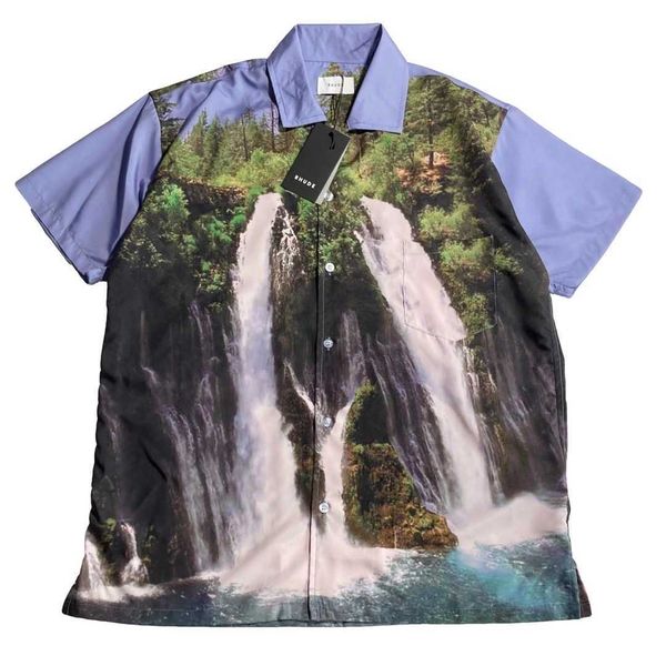 Camicie casual da uomo Versione alta anni '20 rhude paesaggio foresta cascata pittura a olio flusso lettera Camicia a maniche corte hawaiana da uomo e da donna