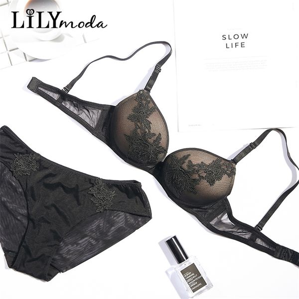 

lilymoda luxury floral embroidery women bra briefs set bra panty underwear set female lingerie brassiere seamless panties lj201031, Red;black