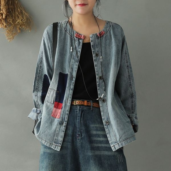 

wethb 2020 джинсовой denimtop нового кнопки пальто патча денима стиль весна denimcotton свободный стиль короткие круглая шея сверху gwapu, White;black