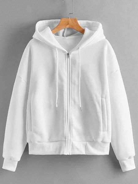 

solid zip up drawstring drop shoulder hoodie z39c#, White;black