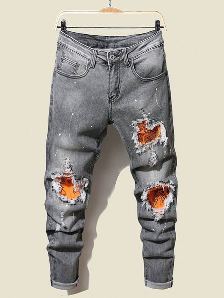 

men paisley print contrast panel ripped jeans s1xu#, Blue