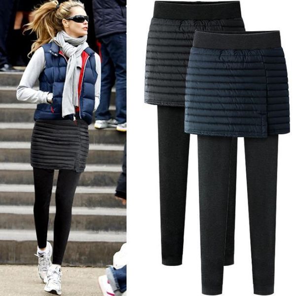 

women plus velvet thicker leggings pants wear fake two pants skirt autumn winter large size 6xl warm package hip, Black