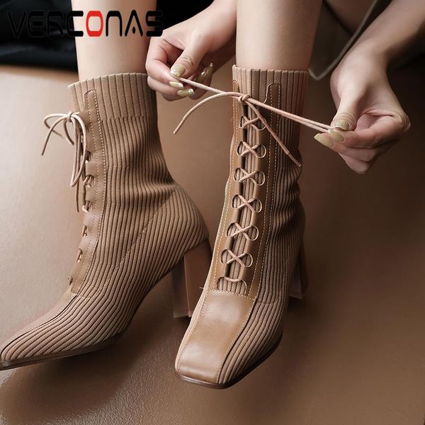 

verconas fashion concise women ankle boots genuine leather autumn winter 2020 new shoes woman cross-tied thick heels socks boots, Black