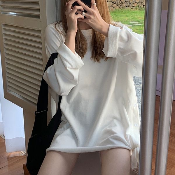 

i1mih shoulder autumn loose style simplestyle side-breasted strap korean mid-length solid color round 2020 strap pullover neck pullover t-sh, Black