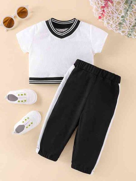 

baby striped trim tee & contrast side seam sweatpants she, White