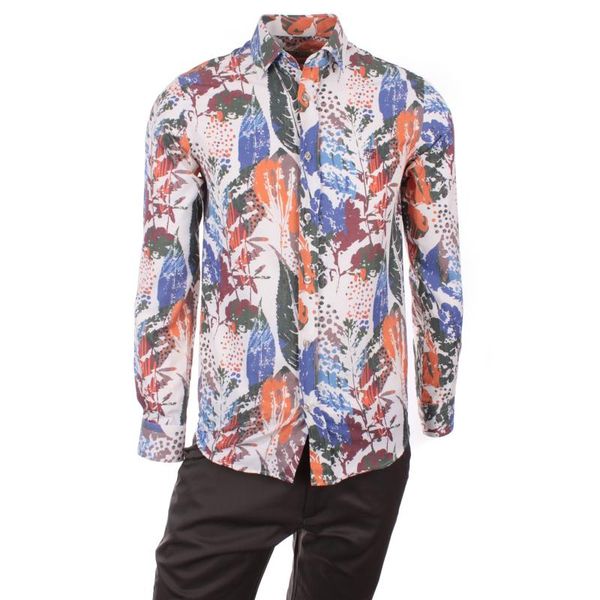 

gentilbay men's aloha leaf ethnic printed red slimfit long-sleeve sport shirt dpd136, White;black