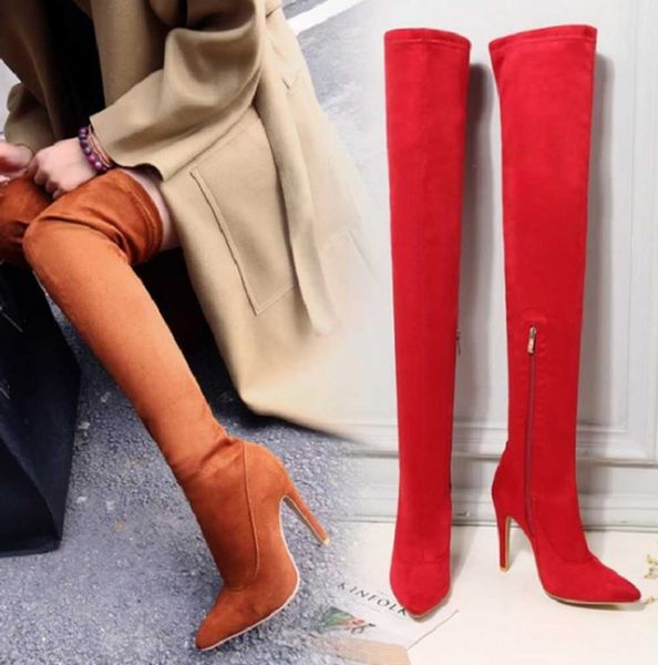 

us4-11 women over the knee high heels boots thigh high pointy toe suede shoes warm winter long slim plus size 3colors, Black