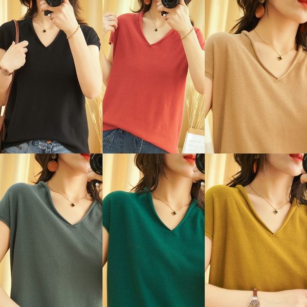 

r90ri 20 цвета вязаного короткого рукав свободного хлопок конопля tshirt хлопок и shirthalf белья tshirt женщины v-образный вырез нижняя час, White;black
