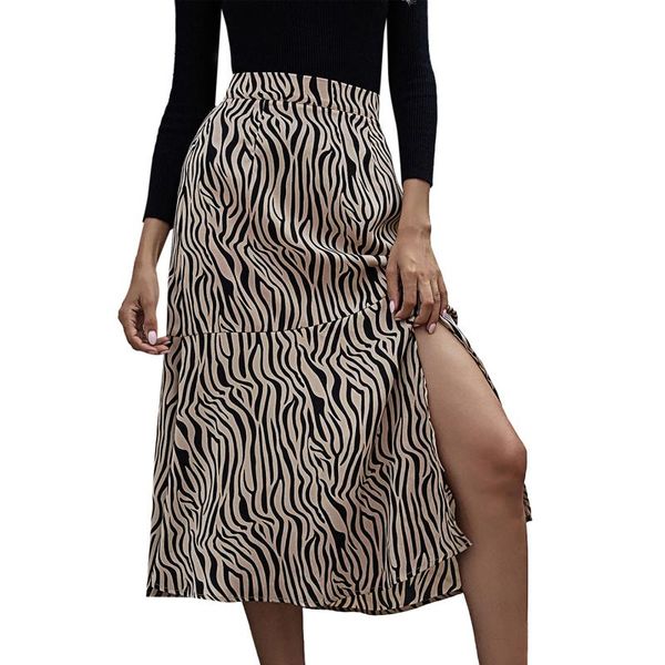 

2021 leopard skirt print chiffon split skirt casual fashion long skirts for women spring summer elegant female costume, Black
