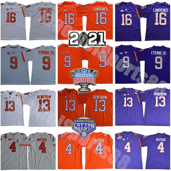 

2021 sugar bowl clemson tigers trevor lawrence jersey 16 ncaa deshaun watson 9 travis etienne jr hunter renfrow amari rodgers orange purple, Black;red