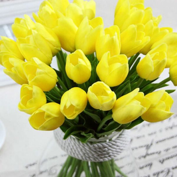 

10pcs/lot pu yellow tulips artificial flowers real touch artificiales para decora mini tulip for home wedding decoration flowers