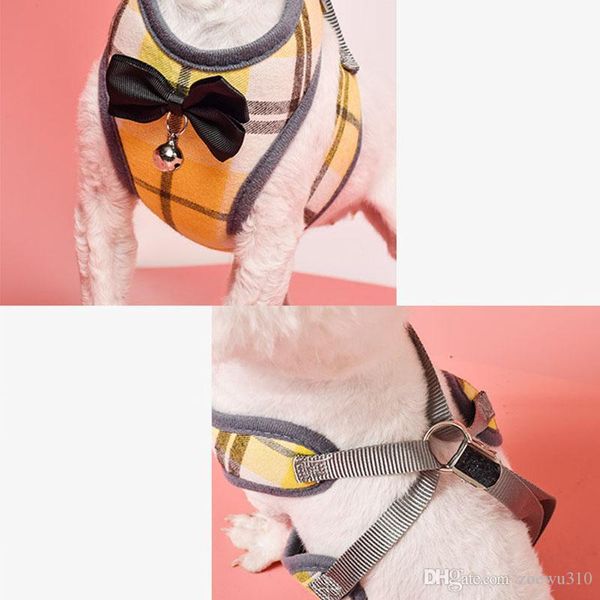 Pettorina per cani e gatti con guinzaglio Bowknot scozzese Gilet regolabile Panno in rete traspirante Cani Pettorina per animali Guinzaglio per cuccioli Gilet per animali domestici WVT1542 T03