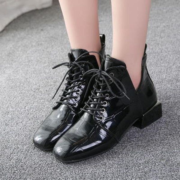 

boots women's 2021 high single shoes patent leather square root embossed lacing fashion, Black
