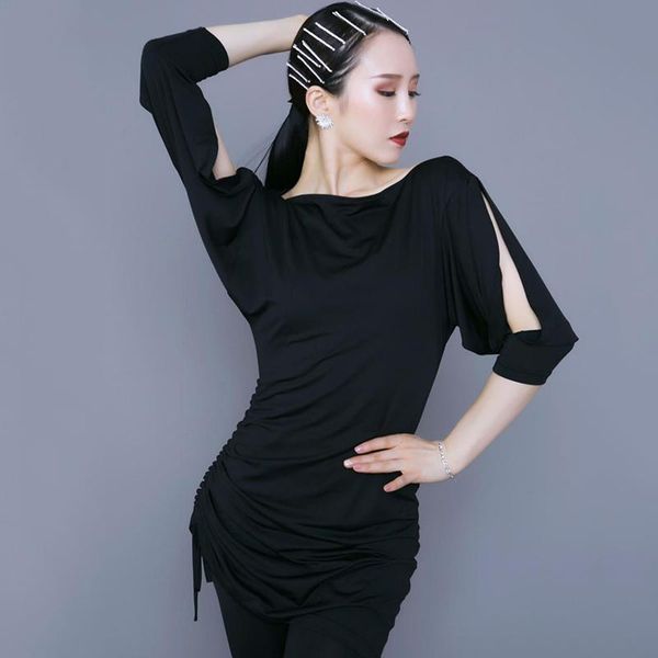 

new latin dance adults black loose shirts tango cha cha rumba samba dancing performance wear women practice clothes dnv12720, Black;red