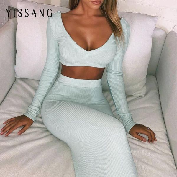 

yissang knitted 2 piece set women deep v neck long sleeve crop and midi skirts set casual suit autumn two piece1, Gray
