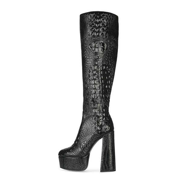 

mkkhou knee-high boots women 2020 new winter round head black crocodile platform 14.5cm high heel leather boots women large size