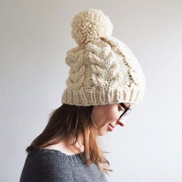 Gorro/caveira tampas de mulheres moda mantém chapéus de inverno quente chapéu de bainha de lã com uma garota pompom grossa sombrero mujer/41