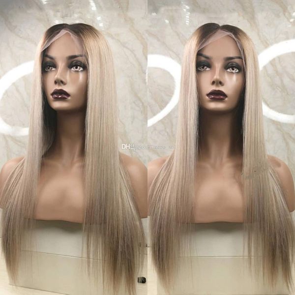

brazilian human hair ombre 1b 18# ash blonde full lace human hair wigs with baby hair middle part pre-plucked hairline, Black;brown